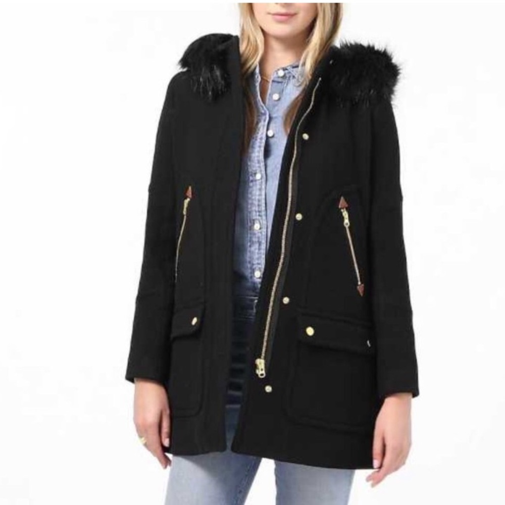 New J. Crew Chateau Parka Italian Wool Stadium Cloth Black Coat Jacket Outerwear